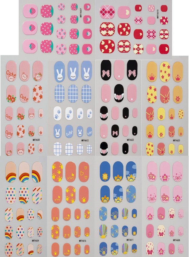 Sevgob 10 Sheets Colorful Kid Nail Stickers Full Nail Wraps for Kids Girls Self Adhesive Nails Strips for Nails Art Decoration Fun Including Rainbow Star Rabbit Flower Strawberry Heart Sun for Age 7 Older - Image 1